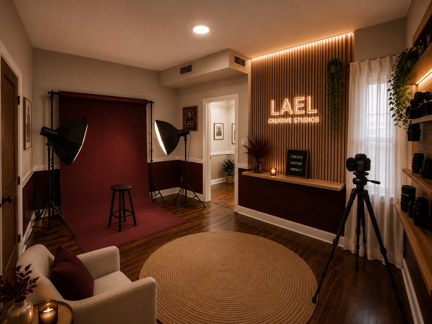 Warm candlelit creative studio with burgundy and cream styling